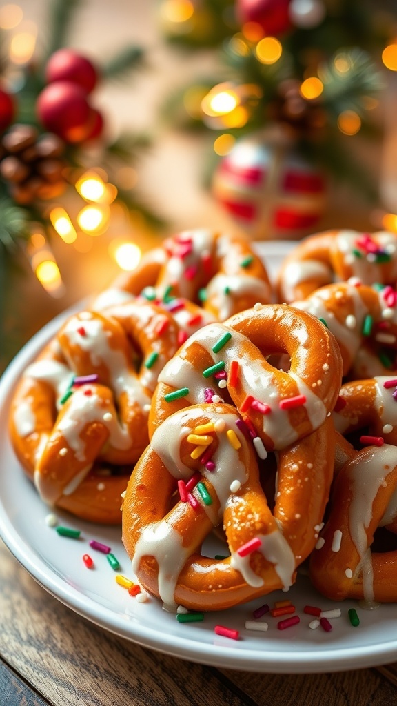 A festive plate of Christmas pretzels with glaze and sprinkles, surrounded by holiday decorations.